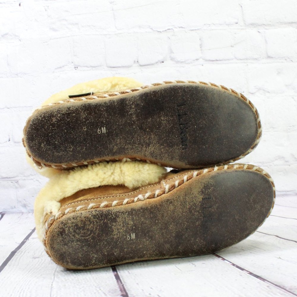 LL BEAN Brown Shearling Lined Wicked Good Moccasin Slippers Size 6 M - Picture 9 of 9